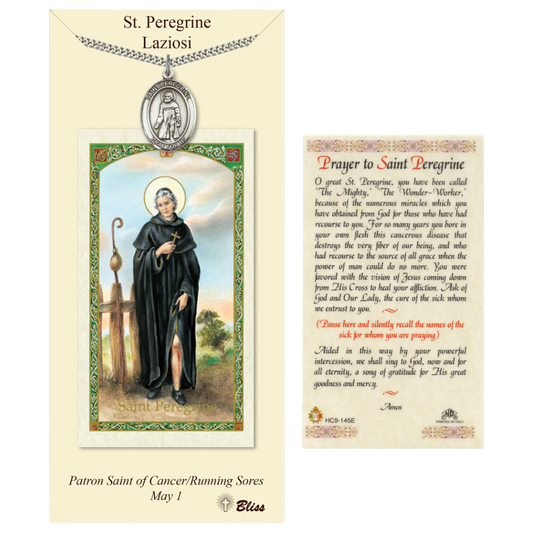 Everlasting Light Jewelry Pewter Saint St. Peregrine Medal Pendant on 24 Inch Endless Rhodium Plated Heavy Curb Brass Chain, Catholic Religious Necklace - Made in USA- Prayer Card Included