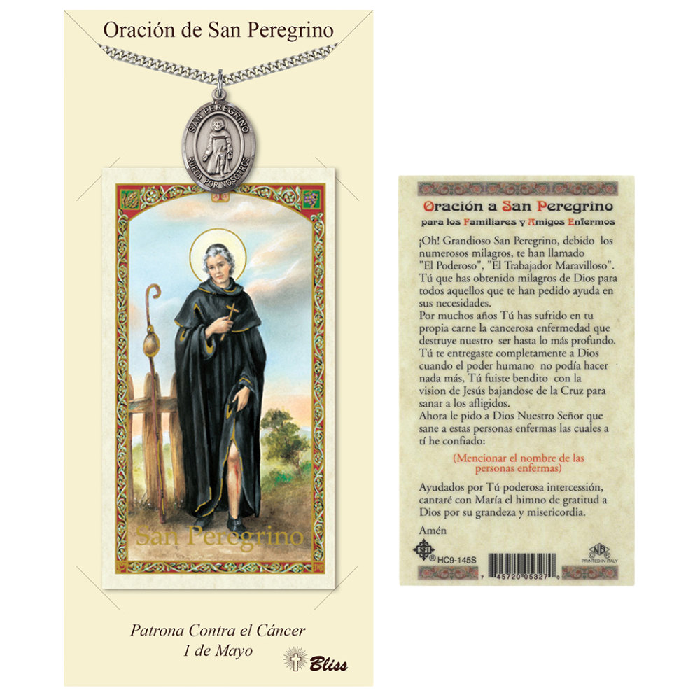 Everlasting Light Jewelry Pewter Saint St. Peregrino Medal Pendant on 24 Inch Endless Rhodium Plated Heavy Curb Brass Chain, Catholic Religious Necklace - Made in USA- Prayer Card Included