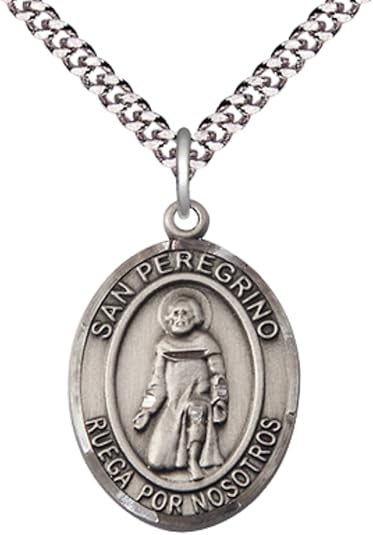 Everlasting Light Jewelry Pewter Saint St. Peregrino Medal Pendant on 24 Inch Endless Rhodium Plated Heavy Curb Brass Chain, Catholic Religious Necklace - Made in USA- Prayer Card Included