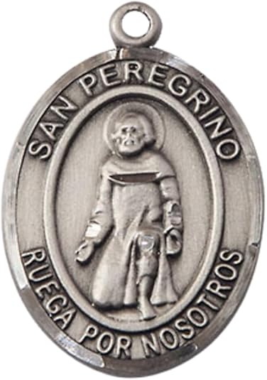 Everlasting Light Jewelry Pewter Saint St. Peregrino Medal Pendant on 24 Inch Endless Rhodium Plated Heavy Curb Brass Chain, Catholic Religious Necklace - Made in USA- Prayer Card Included