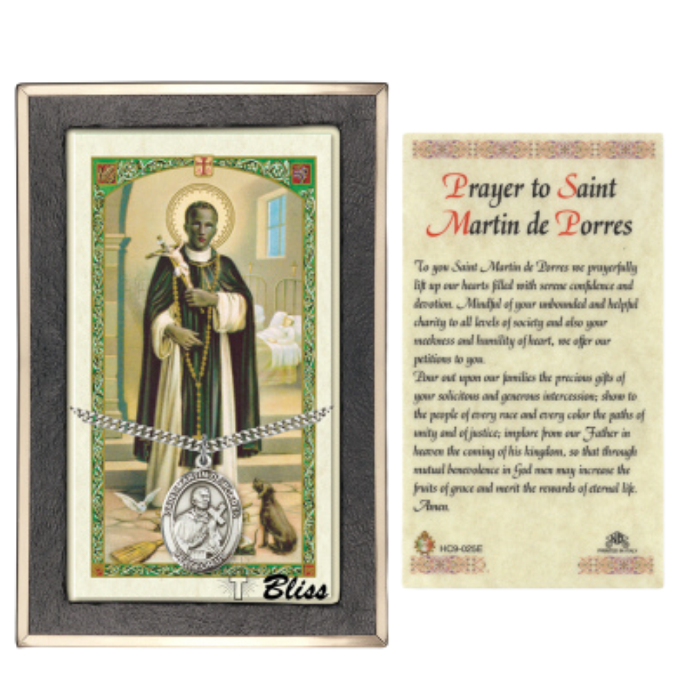 .925 Sterling Silver Saint St. Martin de Porres Medal Pendant on 24 Inch Endless Rhodium Plated Heavy Curb Brass Chain, Catholic Religious Necklace - Made in USA- Prayer Card Included