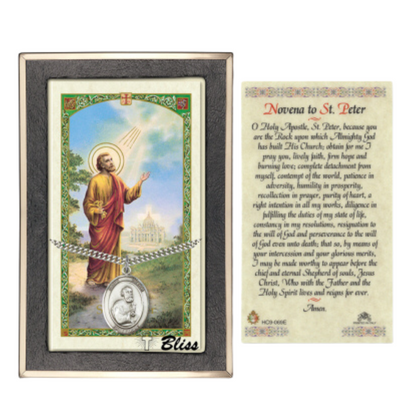 .925 Sterling Silver Saint St. Peter the Apostle Medal Pendant on 24 Inch Endless Rhodium Plated Heavy Curb Brass Chain, Catholic Religious Necklace - Made in USA- Prayer Card Included