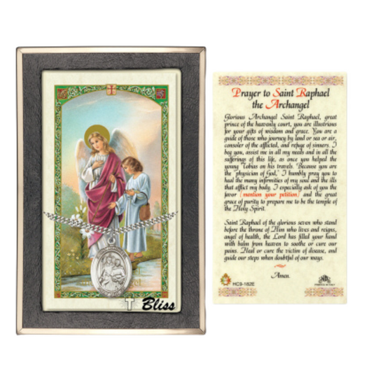 Everlasting Light Jewelry Pewter Saint St. Raphael the Archangel Medal Pendant on 24 Inch Endless Rhodium Plated Heavy Curb Brass Chain, Catholic Religious Necklace - Made in USA- Prayer Card Included