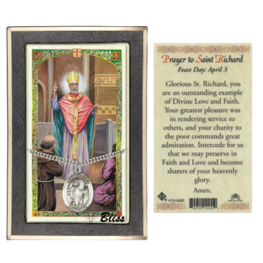 Everlasting Light Jewelry .925 Sterling Silver Saint St. Richard Medal Pendant on 24 Inch Endless Rhodium Plated Heavy Curb Brass Chain, Catholic Religious Necklace - Made in USA- Prayer Card Included