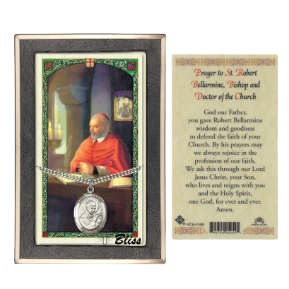 .925 Sterling Silver Saint St. Robert Bellarmine Medal Pendant on 24 Inch Endless Rhodium Plated Heavy Curb Brass Chain, Catholic Religious Necklace - Made in USA- Prayer Card Included