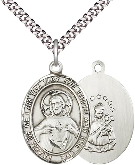 Everlasting Light Jewelry Pewter Scapular Medal Pendant on 24 Inch Endless Rhodium Plated Heavy Curb Brass Chain, Catholic Religious Necklace - Made in USA- Prayer Card Included