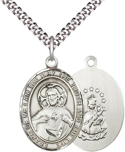 Everlasting Light Jewelry Pewter Scapular Medal Pendant on 24 Inch Endless Rhodium Plated Heavy Curb Brass Chain, Catholic Religious Necklace - Made in USA- Prayer Card Included