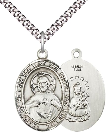 Everlasting Light Jewelry .925 Sterling Silver Scapular Medal Pendant on 24 Inch Endless Rhodium Plated Heavy Curb Brass Chain, Catholic Religious Necklace - Made in USA- Prayer Card Included
