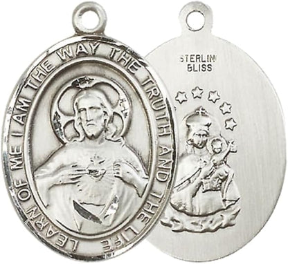 Everlasting Light Jewelry .925 Sterling Silver Scapular Medal Pendant on 24 Inch Endless Rhodium Plated Heavy Curb Brass Chain, Catholic Religious Necklace - Made in USA- Prayer Card Included