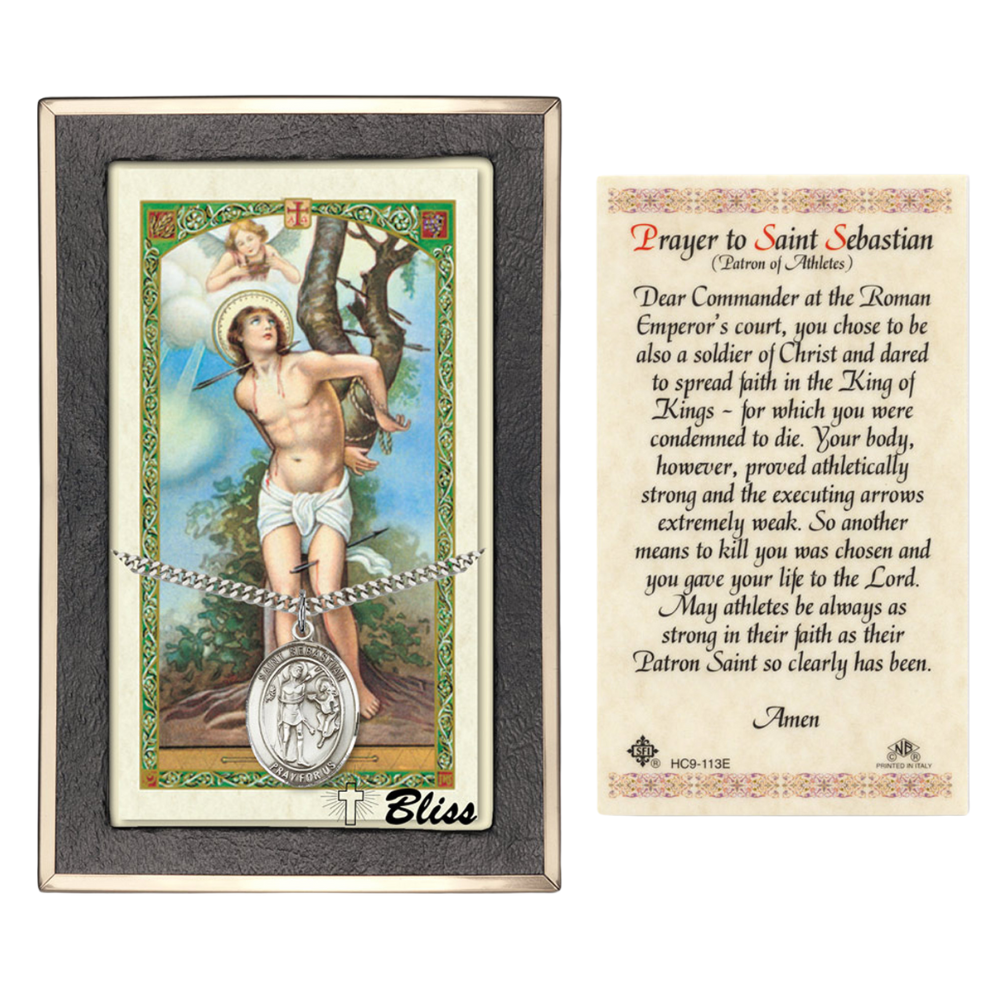 Everlasting Light Jewelry .925 Sterling Silver Saint St. Sebastian Medal Pendant on 24 Inch Endless Rhodium Plated Heavy Curb Brass Chain, Catholic Religious Necklace - Made in USA- Prayer Card Included