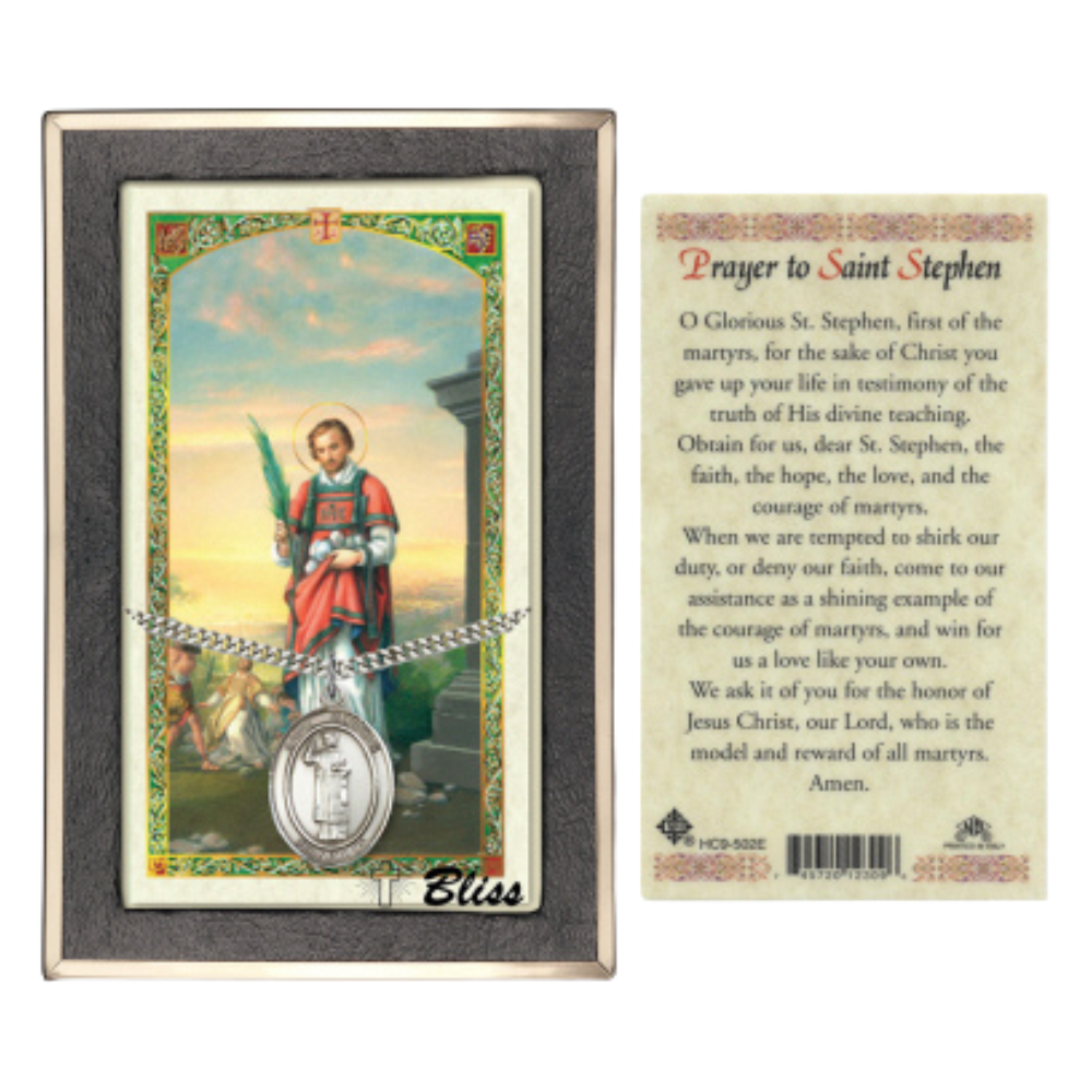 .925 Sterling Silver Saint St. Stephen the Martyr Medal Pendant on 24 Inch Endless Rhodium Plated Heavy Curb Brass Chain, Catholic Religious Necklace - Made in USA- Prayer Card Included