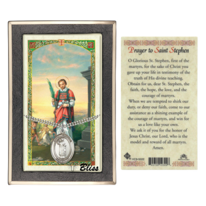Everlasting Light Jewelry Pewter Saint St. Stephen the Martyr Medal Pendant on 24 Inch Endless Rhodium Plated Heavy Curb Brass Chain, Catholic Religious Necklace - Made in USA- Prayer Card Included