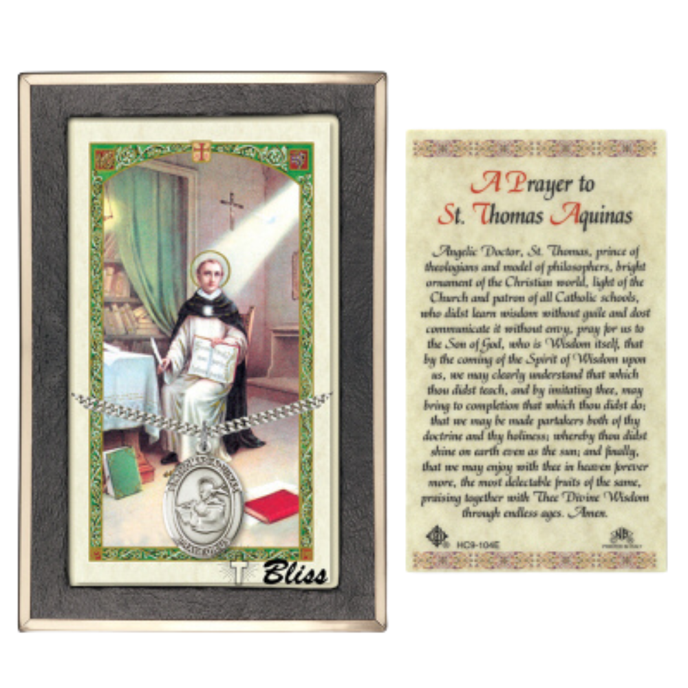Everlasting Light Jewelry Pewter Saint St. Thomas Aquinas Medal Pendant on 24 Inch Endless Rhodium Plated Heavy Curb Brass Chain, Catholic Religious Necklace - Made in USA- Prayer Card Included