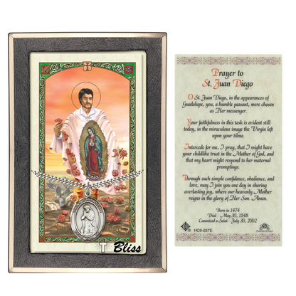 .925 Sterling Silver Saint St. Juan Diego Medal Pendant on 24 Inch Endless Rhodium Plated Heavy Curb Brass Chain, Catholic Religious Necklace - Made in USA- Prayer Card Included