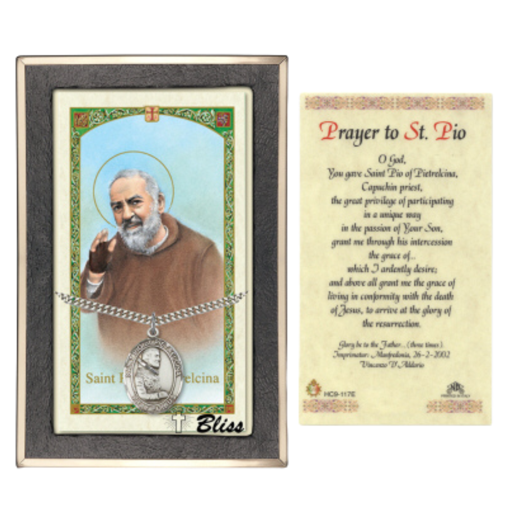 .925 Sterling Silver Saint St. Pio of Pietrelcina Medal Pendant on 24 Inch Endless Rhodium Plated Heavy Curb Brass Chain, Catholic Religious Necklace - Made in USA- Prayer Card Included
