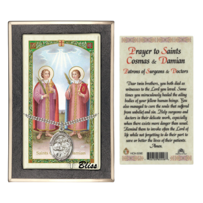 .925 Sterling Silver Saint St. s Cosmas & Damian Medal Pendant on 24 Inch Endless Rhodium Plated Heavy Curb Brass Chain, Catholic Religious Necklace - Made in USA- Prayer Card Included