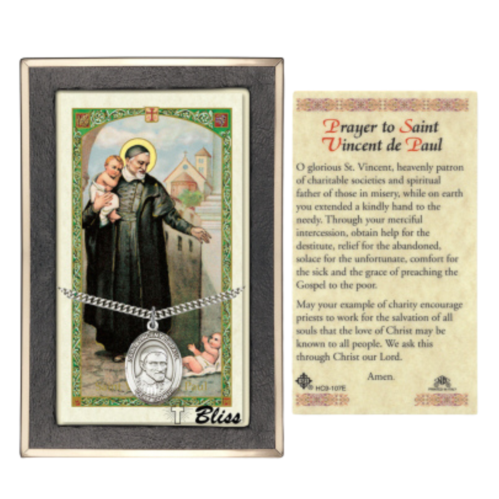.925 Sterling Silver Saint St. Vincent de Paul Medal Pendant on 24 Inch Endless Rhodium Plated Heavy Curb Brass Chain, Catholic Religious Necklace - Made in USA- Prayer Card Included