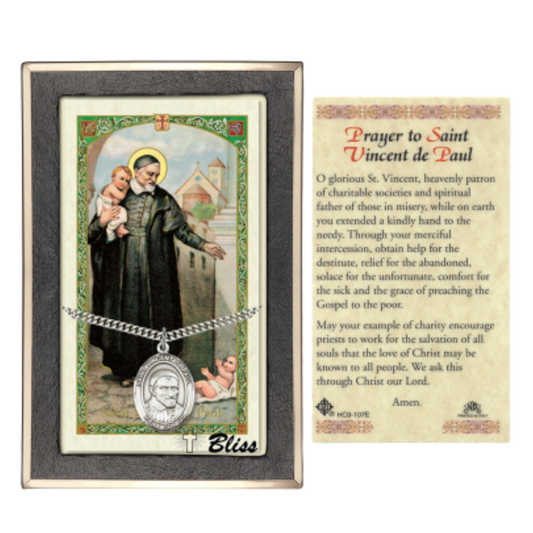 Everlasting Light Jewelry Pewter Saint St. Vincent de Paul Medal Pendant on 24 Inch Endless Rhodium Plated Heavy Curb Brass Chain, Catholic Religious Necklace - Made in USA- Prayer Card Included