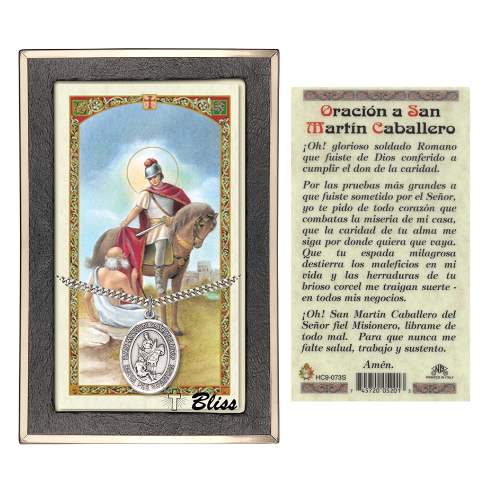 Everlasting Light Jewelry .925 Sterling Silver Saint St. Martin Caballe Medal Pendant on 24 Inch Endless Rhodium Plated Heavy Curb Brass Chain, Catholic Religious Necklace - Made in USA- Prayer Card Included