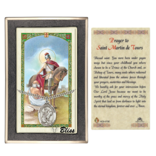 .925 Sterling Silver Saint St. Martin of Tours Medal Pendant on 24 Inch Endless Rhodium Plated Heavy Curb Brass Chain, Catholic Religious Necklace - Made in USA- Prayer Card Included