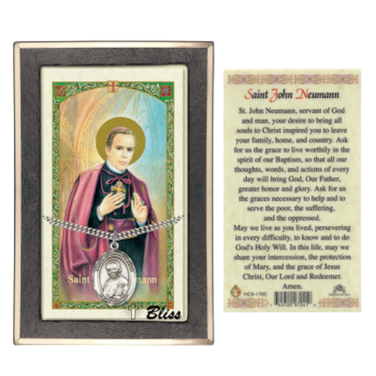 .925 Sterling Silver Saint St. John Neumann Medal Pendant on 24 Inch Endless Rhodium Plated Heavy Curb Brass Chain, Catholic Religious Necklace - Made in USA- Prayer Card Included