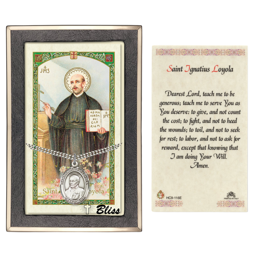 .925 Sterling Silver Saint St. Ignatius of Loyola Medal Pendant on 24 Inch Endless Rhodium Plated Heavy Curb Brass Chain, Catholic Religious Necklace - Made in USA- Prayer Card Included