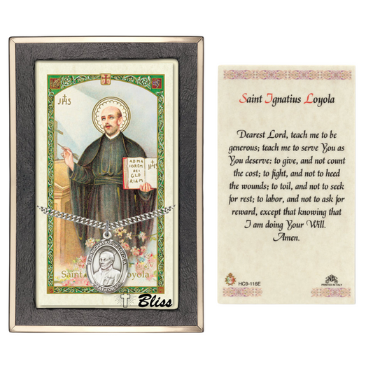 .925 Sterling Silver Saint St. Ignatius of Loyola Medal Pendant on 24 Inch Endless Rhodium Plated Heavy Curb Brass Chain, Catholic Religious Necklace - Made in USA- Prayer Card Included