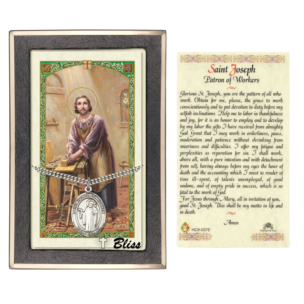 .925 Sterling Silver Saint St. Joseph the Worker Medal Pendant on 24 Inch Endless Rhodium Plated Heavy Curb Brass Chain, Catholic Religious Necklace - Made in USA- Prayer Card Included
