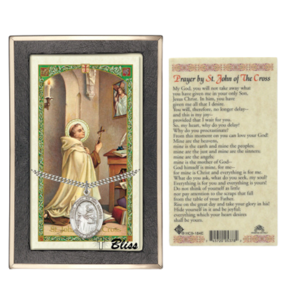 .925 Sterling Silver Saint St. John of the Cross Medal Pendant on 24 Inch Endless Rhodium Plated Heavy Curb Brass Chain, Catholic Religious Necklace - Made in USA- Prayer Card Included