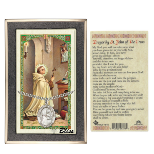 .925 Sterling Silver Saint St. John of the Cross Medal Pendant on 24 Inch Endless Rhodium Plated Heavy Curb Brass Chain, Catholic Religious Necklace - Made in USA- Prayer Card Included