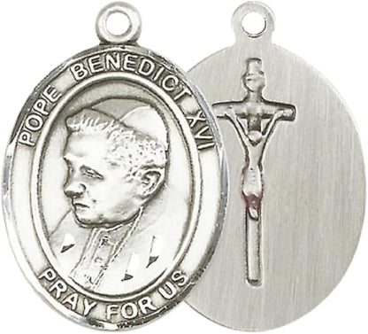 Everlasting Light Jewelry Pewter Pope Benedict XVI Medal Pendant on 24 Inch Endless Rhodium Plated Heavy Curb Brass Chain, Catholic Religious Necklace - Made in USA- Prayer Card Included