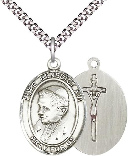 Everlasting Light Jewelry Pewter Pope Benedict XVI Medal Pendant on 24 Inch Endless Rhodium Plated Heavy Curb Brass Chain, Catholic Religious Necklace - Made in USA- Prayer Card Included