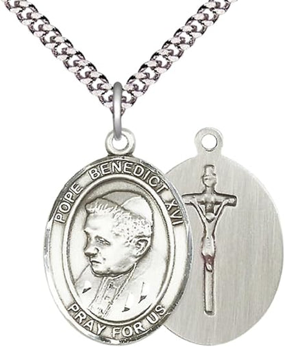 Everlasting Light Jewelry Pewter Pope Benedict XVI Medal Pendant on 24 Inch Endless Rhodium Plated Heavy Curb Brass Chain, Catholic Religious Necklace - Made in USA- Prayer Card Included
