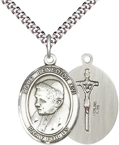 Everlasting Light Jewelry .925 Sterling Silver Pope Benedict XVI Medal Pendant on 24 Inch Endless Rhodium Plated Heavy Curb Brass Chain, Catholic Religious Necklace - Made in USA- Prayer Card Included