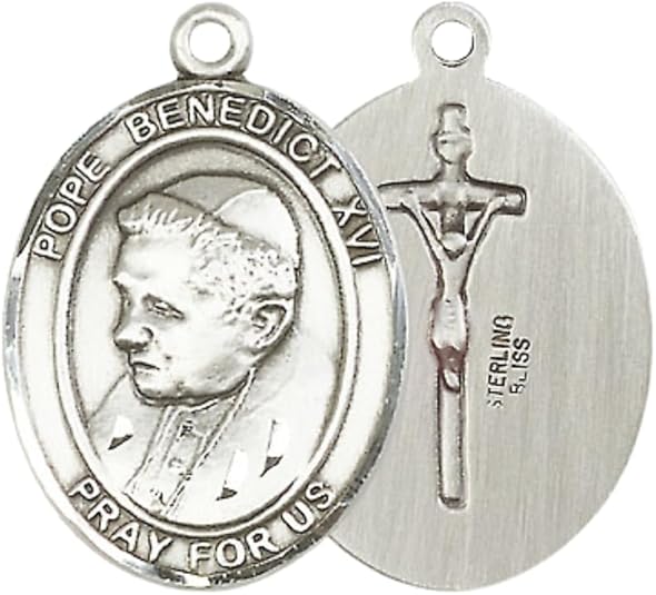 Everlasting Light Jewelry .925 Sterling Silver Pope Benedict XVI Medal Pendant on 24 Inch Endless Rhodium Plated Heavy Curb Brass Chain, Catholic Religious Necklace - Made in USA- Prayer Card Included