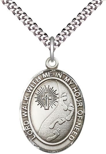 Everlasting Light Jewelry Pewter Footprints Cross Medal Pendant on 24 Inch Endless Rhodium Plated Heavy Curb Brass Chain, Catholic Religious Necklace - Made in USA- Prayer Card Included