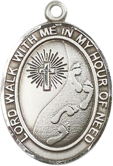 Everlasting Light Jewelry Pewter Footprints Cross Medal Pendant on 24 Inch Endless Rhodium Plated Heavy Curb Brass Chain, Catholic Religious Necklace - Made in USA- Prayer Card Included