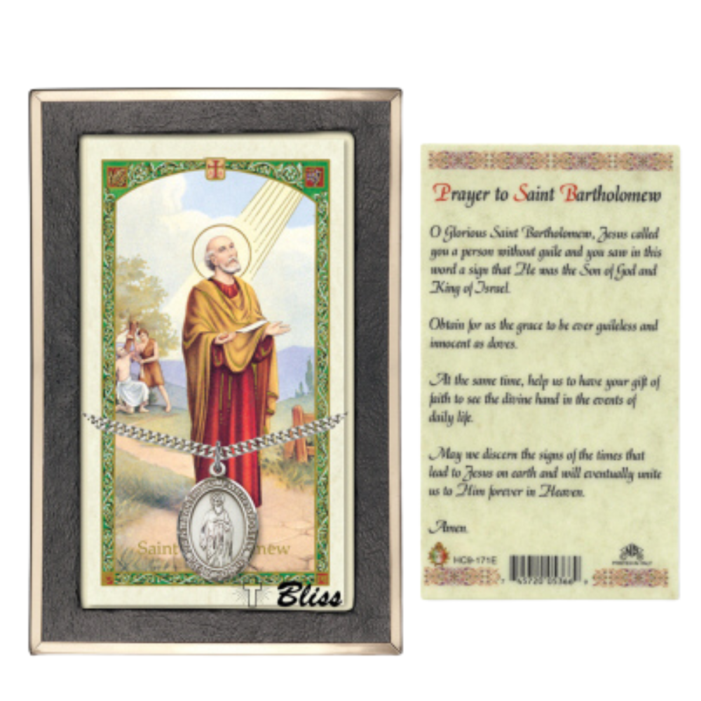 .925 Sterling Silver Saint St. Bartholomew the Apostle Medal Pendant on 24 Inch Endless Rhodium Plated Heavy Curb Brass Chain, Catholic Religious Necklace - Made in USA- Prayer Card Included