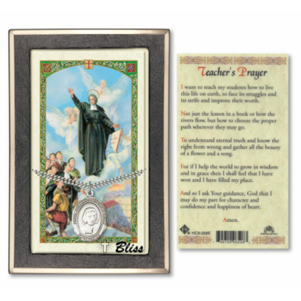 .925 Sterling Silver Saint St. John BaptiSaint St. de la Salle Medal Pendant on 24 Inch Endless Rhodium Plated Heavy Curb Brass Chain, Catholic Religious Necklace - Made in USA- Prayer Card Included