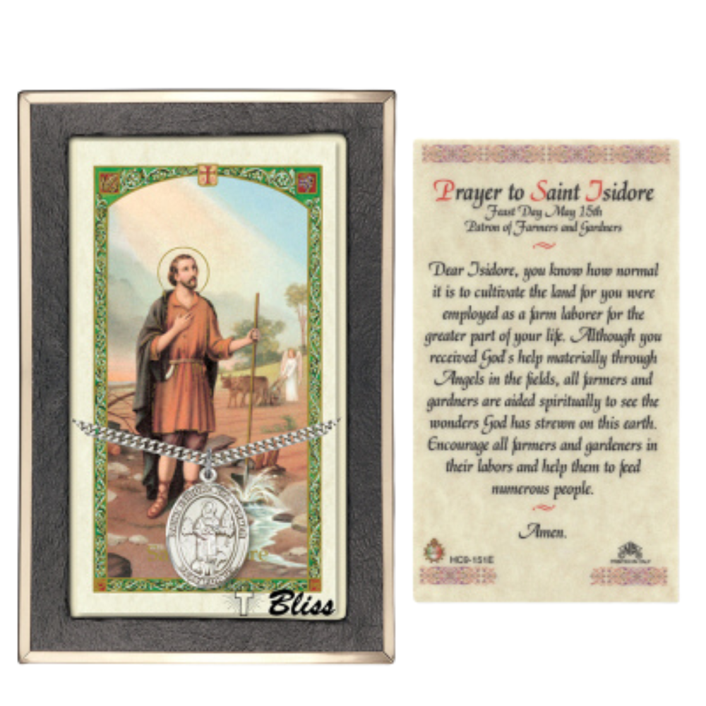 .925 Sterling Silver Saint St. Isidore the Farmer Medal Pendant on 24 Inch Endless Rhodium Plated Heavy Curb Brass Chain, Catholic Religious Necklace - Made in USA- Prayer Card Included