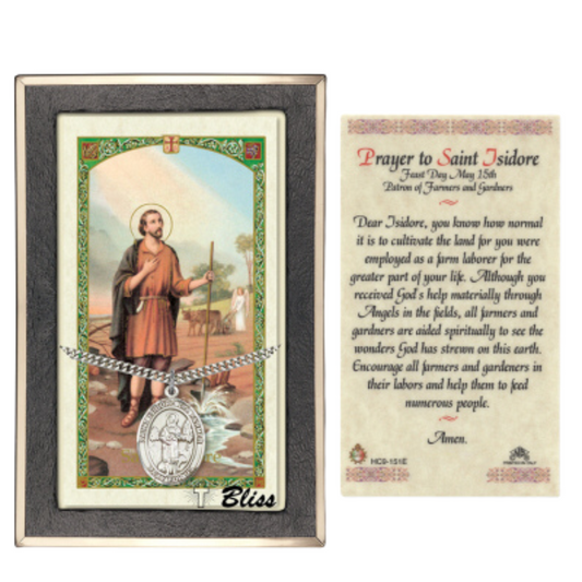 .925 Sterling Silver Saint St. Isidore the Farmer Medal Pendant on 24 Inch Endless Rhodium Plated Heavy Curb Brass Chain, Catholic Religious Necklace - Made in USA- Prayer Card Included