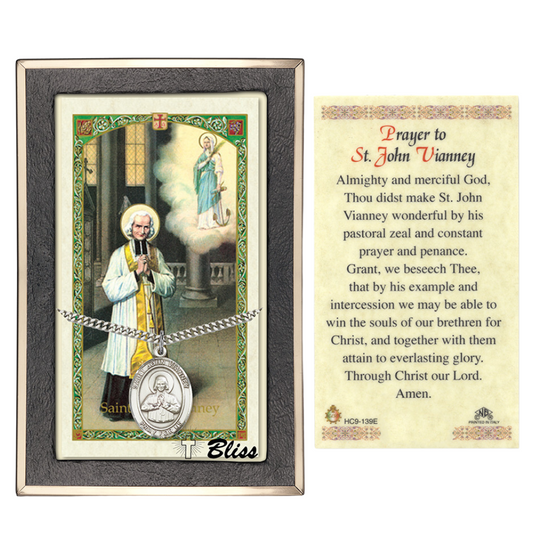 .925 Sterling Silver Saint St. John Vianney Medal Pendant on 24 Inch Endless Rhodium Plated Heavy Curb Brass Chain, Catholic Religious Necklace - Made in USA- Prayer Card Included