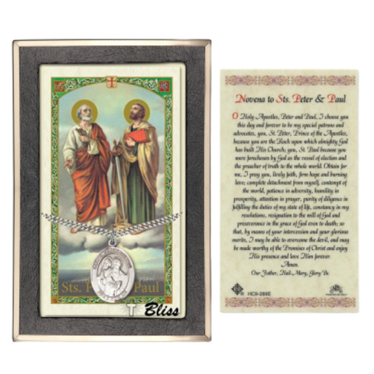 .925 Sterling Silver Saint St. Peter Saint St. Paul Medal Pendant on 24 Inch Endless Rhodium Plated Heavy Curb Brass Chain, Catholic Religious Necklace - Made in USA- Prayer Card Included
