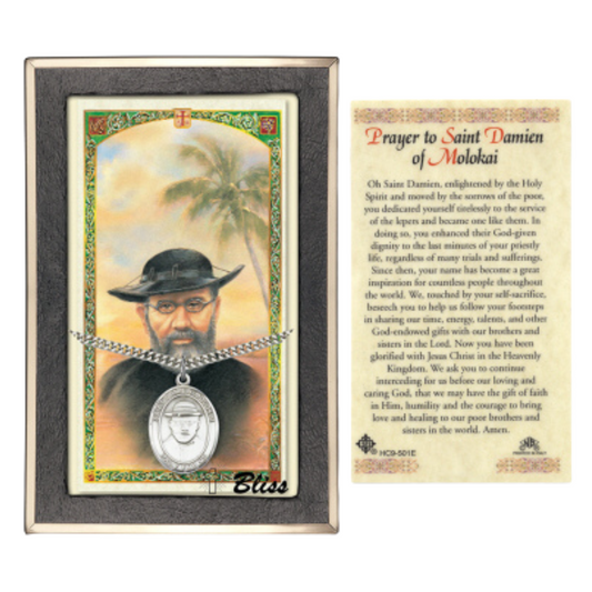 .925 Sterling Silver Saint St. Damien of Molokai Medal Pendant on 24 Inch Endless Rhodium Plated Heavy Curb Brass Chain, Catholic Religious Necklace - Made in USA- Prayer Card Included