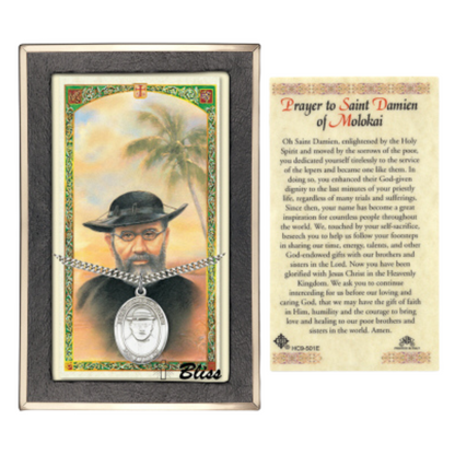 .925 Sterling Silver Saint St. Damien of Molokai Medal Pendant on 24 Inch Endless Rhodium Plated Heavy Curb Brass Chain, Catholic Religious Necklace - Made in USA- Prayer Card Included