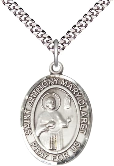 .925 Sterling Silver Saint St. Anthony Mary Claret Medal Pendant on 24 Inch Endless Rhodium Plated Heavy Curb Brass Chain, Catholic Religious Necklace - Made in USA- Prayer Card Included
