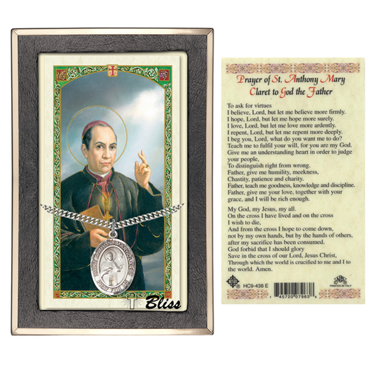 Everlasting Light Jewelry Pewter Saint St. Anthony Mary Claret Medal Pendant on 24 Inch Endless Rhodium Plated Heavy Curb Brass Chain, Catholic Religious Necklace - Made in USA- Prayer Card Included