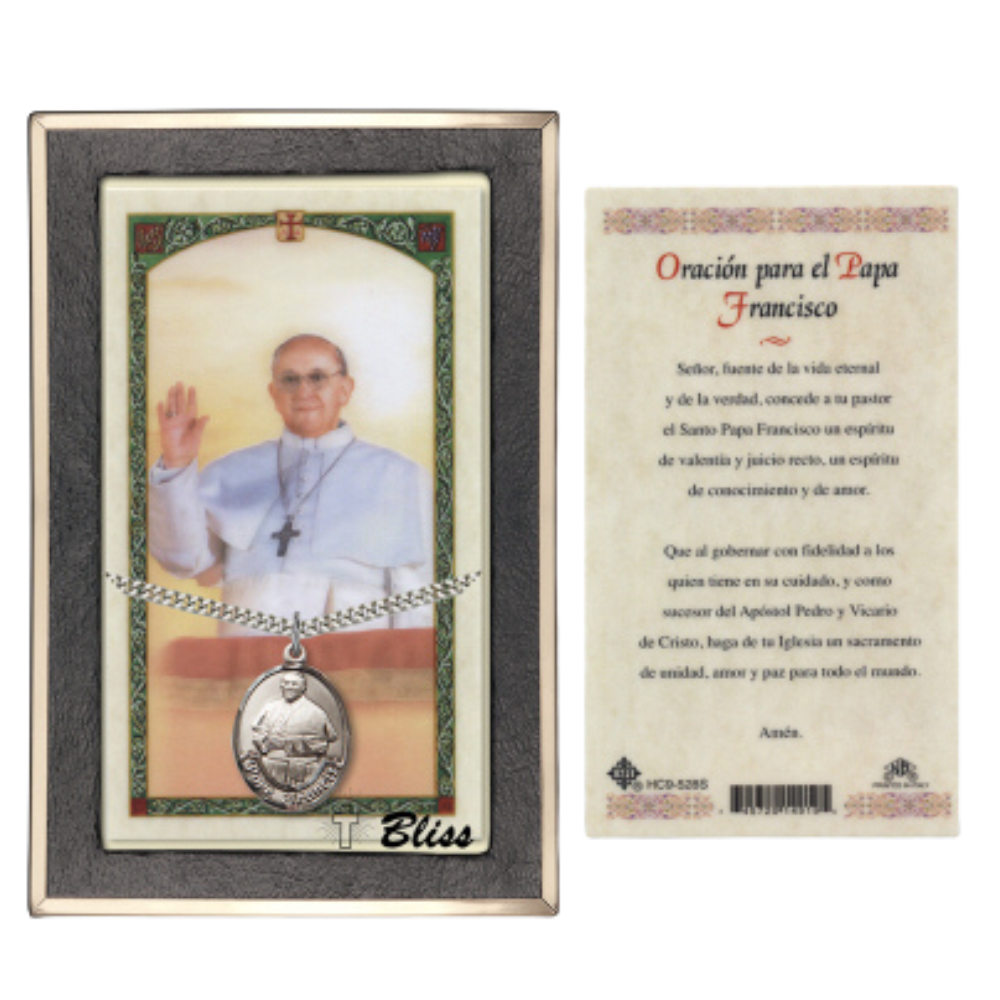 Everlasting Light Jewelry .925 Sterling Silver Pope Francis Medal Pendant on 24 Inch Endless Rhodium Plated Heavy Curb Brass Chain, Catholic Religious Necklace - Made in USA- Prayer Card Included