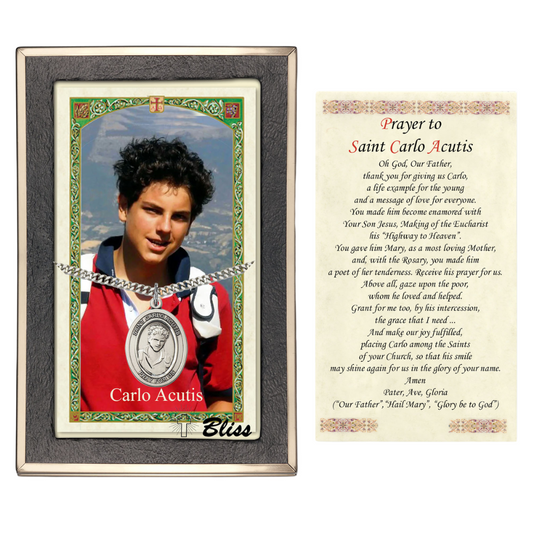 Everlasting Light Jewelry Pewter Saint St.Carlo Acutis Medal Pendant on 24" inch Rhodium Plated Heavy Curb Chain Necklace with Prayer Card –Patron of the Internet- Made in USA