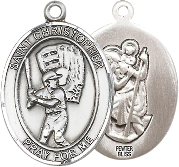 .925 Sterling Silver Saint St. Christopher Medal Pendant with 24 Inch Endless Rhodium Plated Heavy Curb Brass Chain, Catholic Religious Necklace - Made in USA- Prayer Card Included